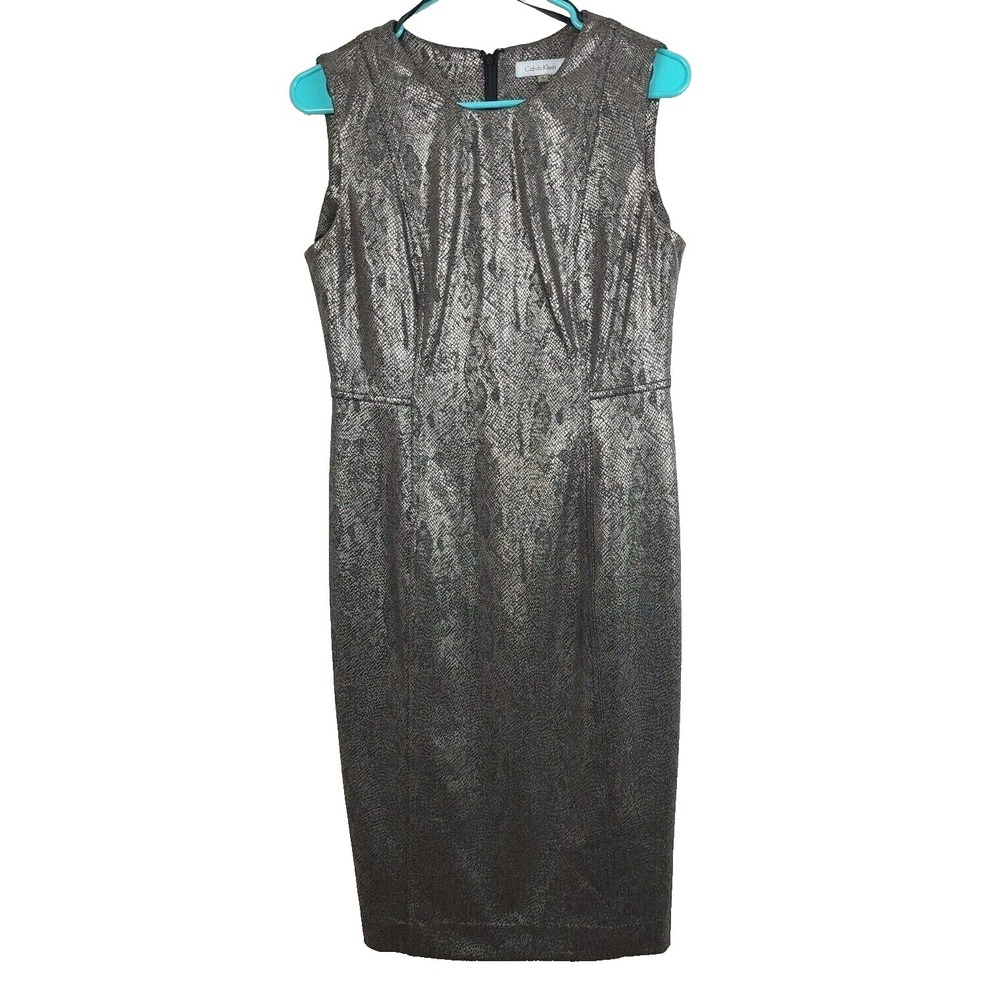 Calvin Klein Mini‎ Dress Womens 4 Silver Metallic Shake Skin Sleeveless Office